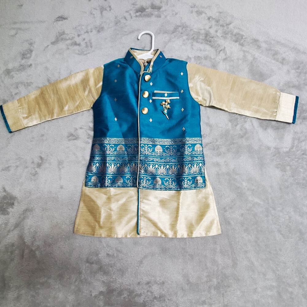 Kurta Suit Jacket & Vest Boys 2 Blue Turqoise Gold Button Front Wedding  Indian